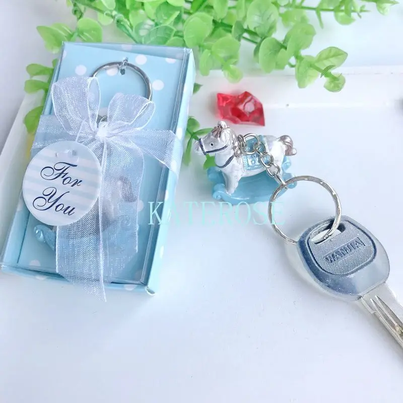 10PCS Baby Boy Birthday Party Giveaway Gifts Blue Rocking Horse Key Chain Baby Baptism Gift For Guest