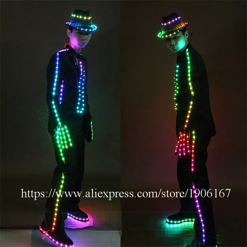 LED Luminous Costume For Men Clothing Light Up MJ Style Suits Dance Wear With Led Hat Led Shoes Led Gloves Event Party Supplies