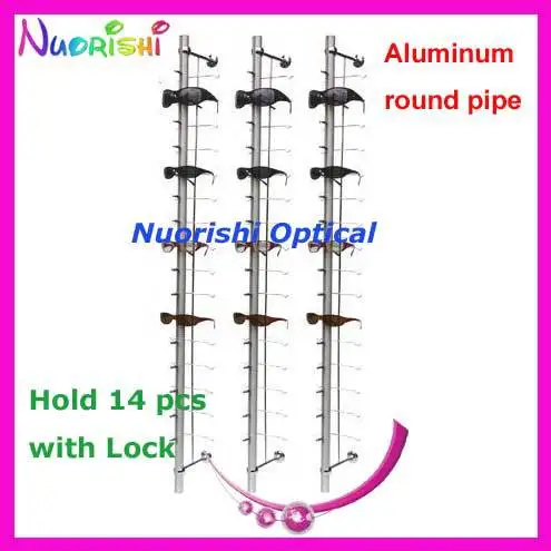 

HC14L holding 14 pcs wall mounted sunglass display with lock aluminum galsses display rod