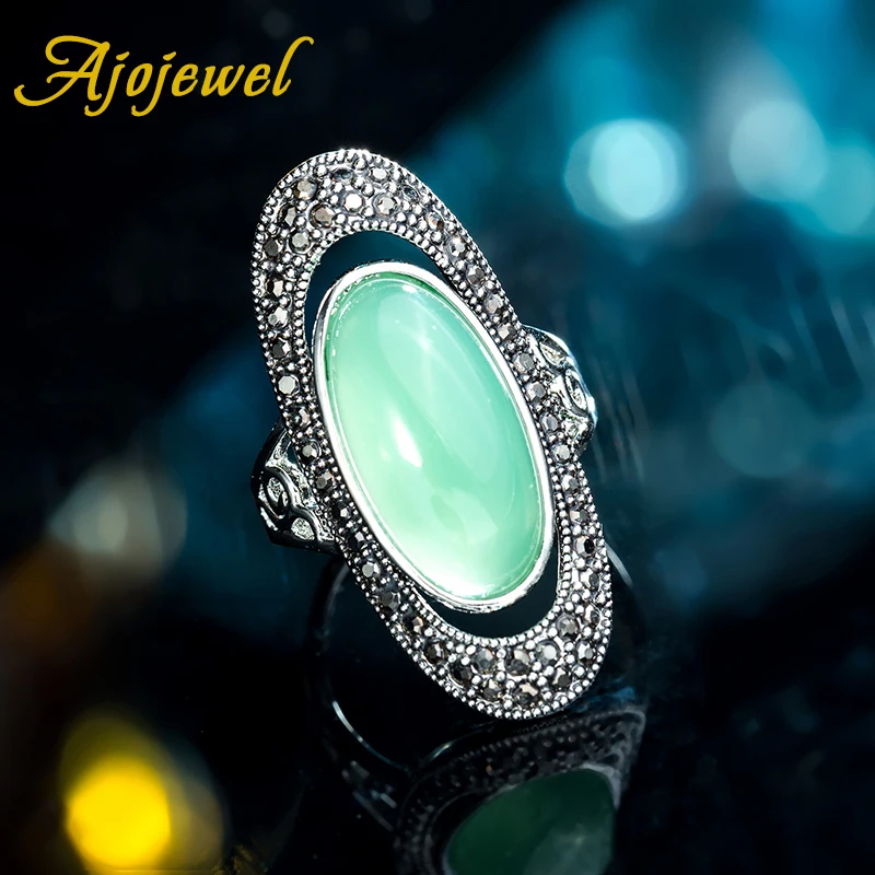 Ajojewel Vintage Jewelry Opal Green Cocktail Ring Black Rhinestone Rings For Women Mix Wholesale