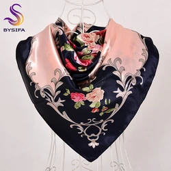 [BYSIFA] Chinese Roses Square Scarves New Design Winter Women Silk Scarf Shawl Spring Satin Scarf Cape Navy Blue,Pink 90*90cm