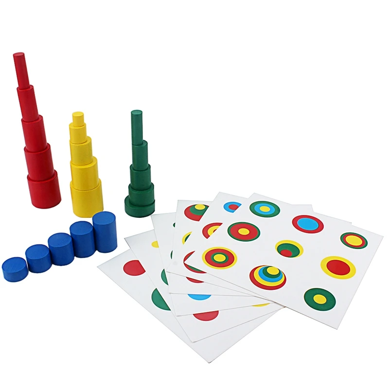 Juguetes sensoriales Montessori, bloques de cilindro de madera de 20 piezas con formas de colores, tarjeta de soporte, tamaño pequeño, 6 uds.