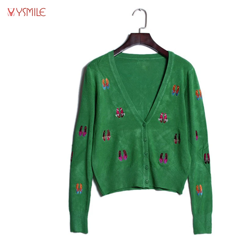 YSMILE Y Women Spring Autumn Sweater Tops V Neck Regular Sleeve Shoes Embroidery Fashion Short Knitting Cardigan For Lady