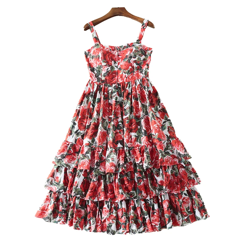 デザイナー滑走路ドレス高品質 2025 新しい夏の女性のストラップ花柄プリントカスケードフリルカジュアルドレス SAD313N
