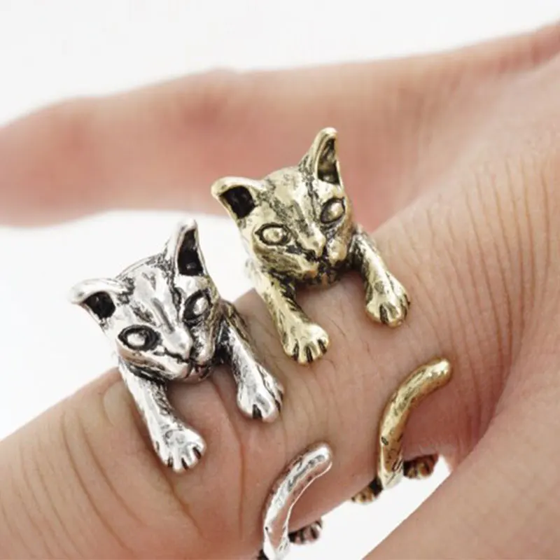 Wholesale 10Pc/lot Vintage Naughty Cat Rings Adjustable 3D Cartoon Cats Rings For Women Girls Kids Geeks Rings Jewlery Gift