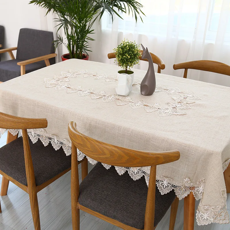 Plain Colour Tablecloth Cotton Linen Pure Light Gray European Style Cover Map Lace Hem Washable Table Cloth for Tea Table