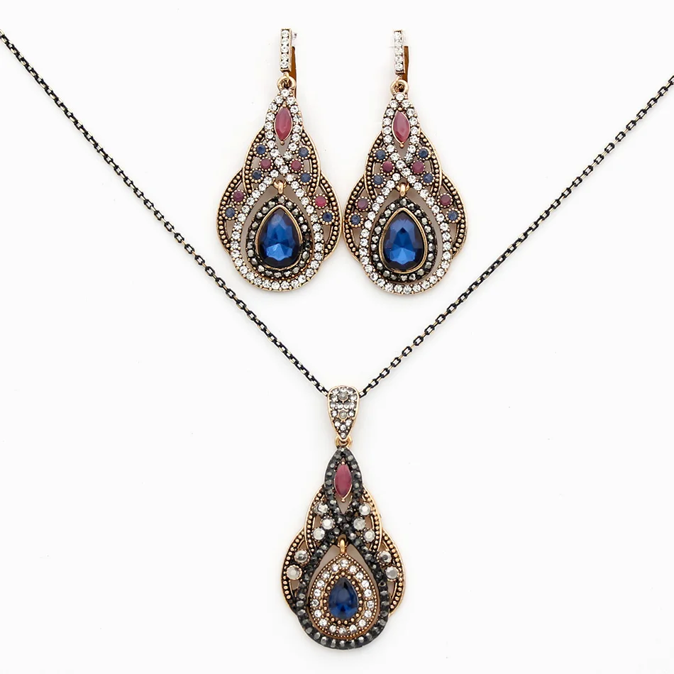 Vintage Turkish Women Jewelry Sets Long Hook Dangle Earring Water Drop Pendant Necklace Antique Gold Color Arabic Bride Bijoux