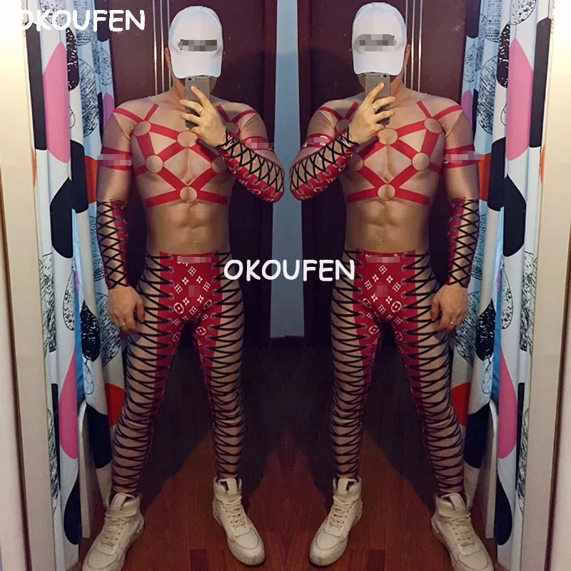 Red Sexy theme party bandage ds costumes Bar Nightclub Male Singer DS Tide suit 3D fake abdominal muscles hollow bodysuit