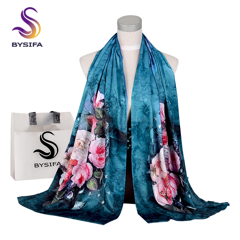 

[BYSIFA] Fashion Winter Scarves Women Brand Silk Scarf Shawl Roses Floral Double Faces Buttons Ink Blue Long Scarves 175*50cm