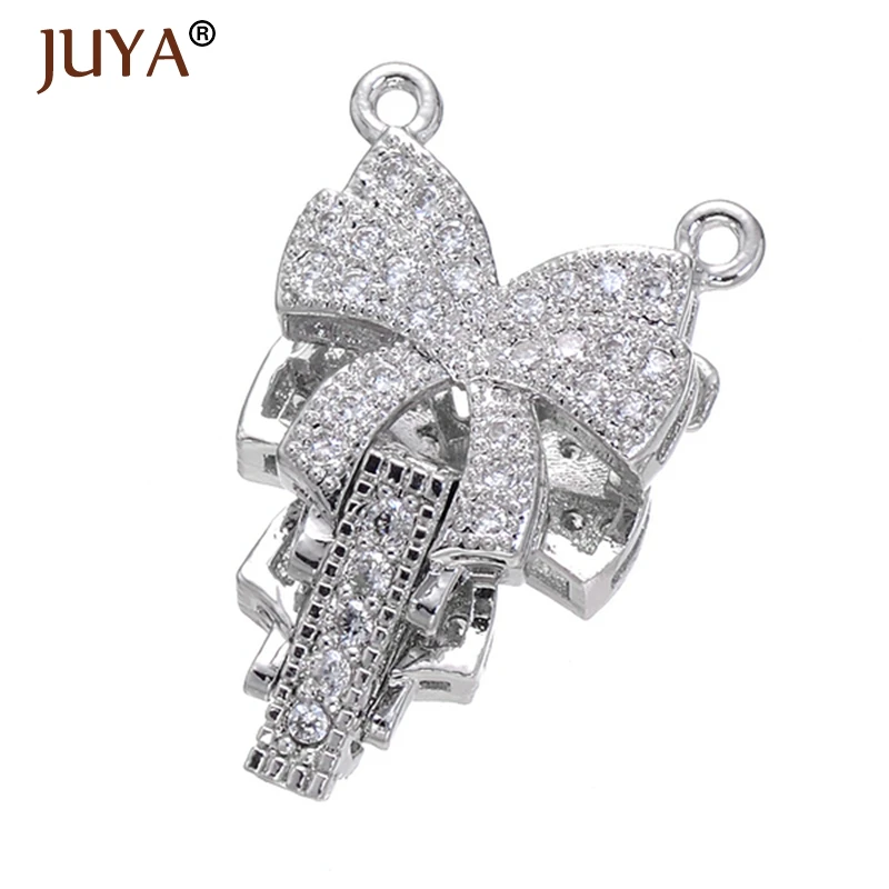 Luxury CZ Rhinestone Double Bowknot Clasps Connectors Fit For Hand Made DIY Multi-Strand Pearls Necklace Bracelet Accessories