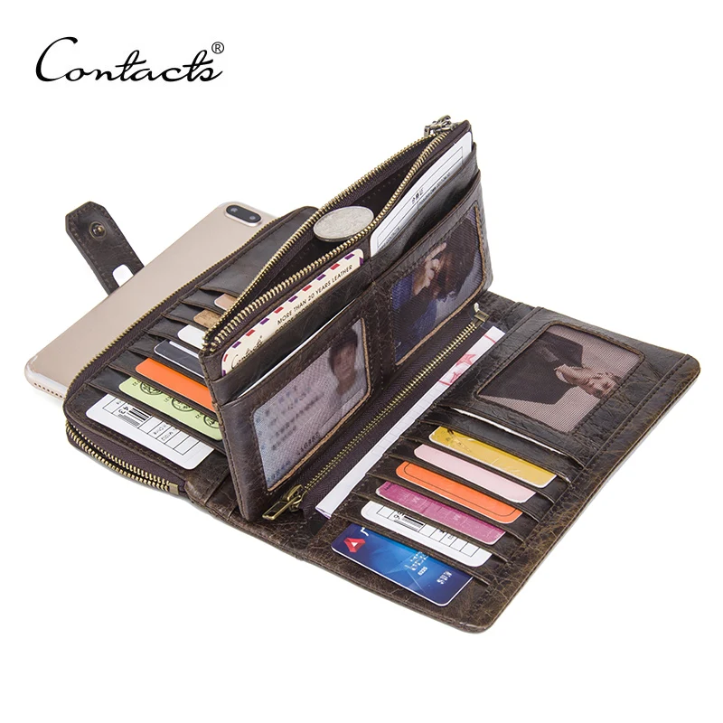 CONTACT'S Genuine Leather Women Men Wallet Long Clutch Walet Portomonee Rfid Luxury Brand Money Bag Female Zipper Coin Purses