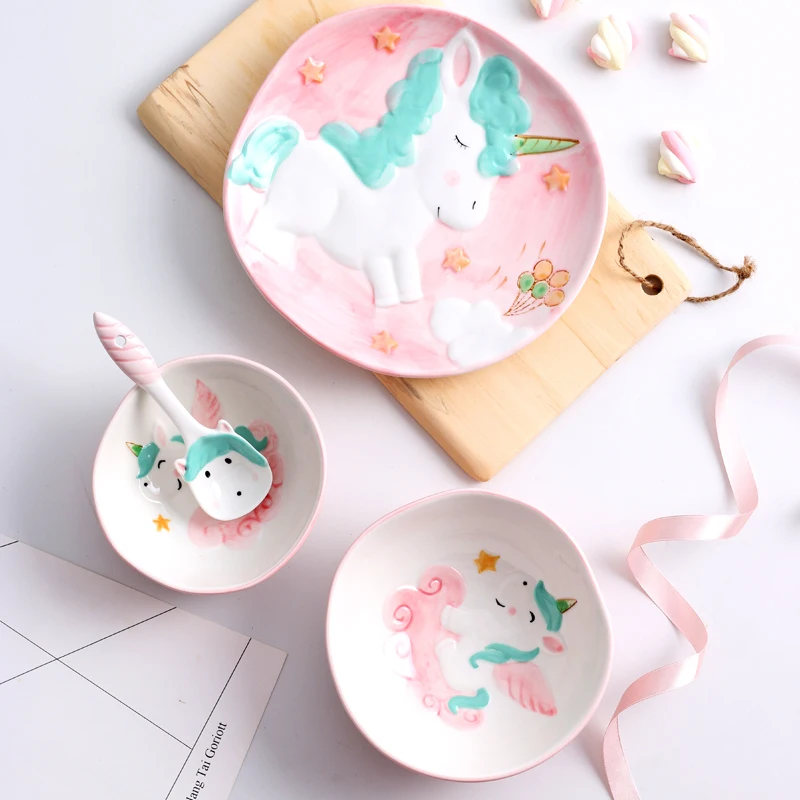 Set of Cartoon Animal Dinnerware Ceramic Dinner Plate Rice Bowl Salad Ramen Bowl with Spoon for Kids Unicorn Gift Box