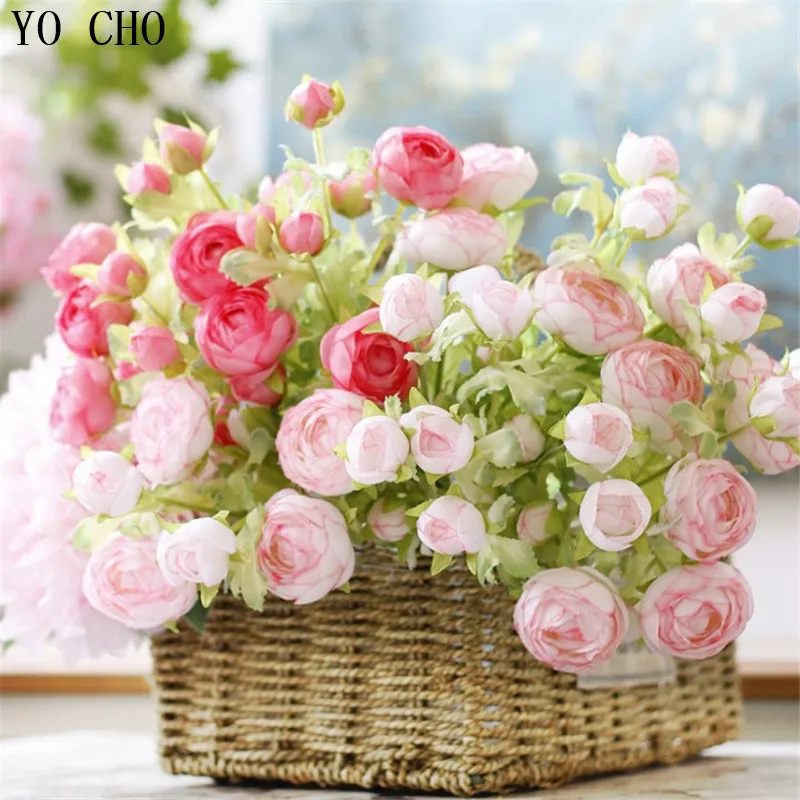 YO CHO  mini Peony Silk Flower European 1pc Artificial Flowers Wall Vivid Tea Rose Fake Leaf Wedding Home Party Decoration DIY