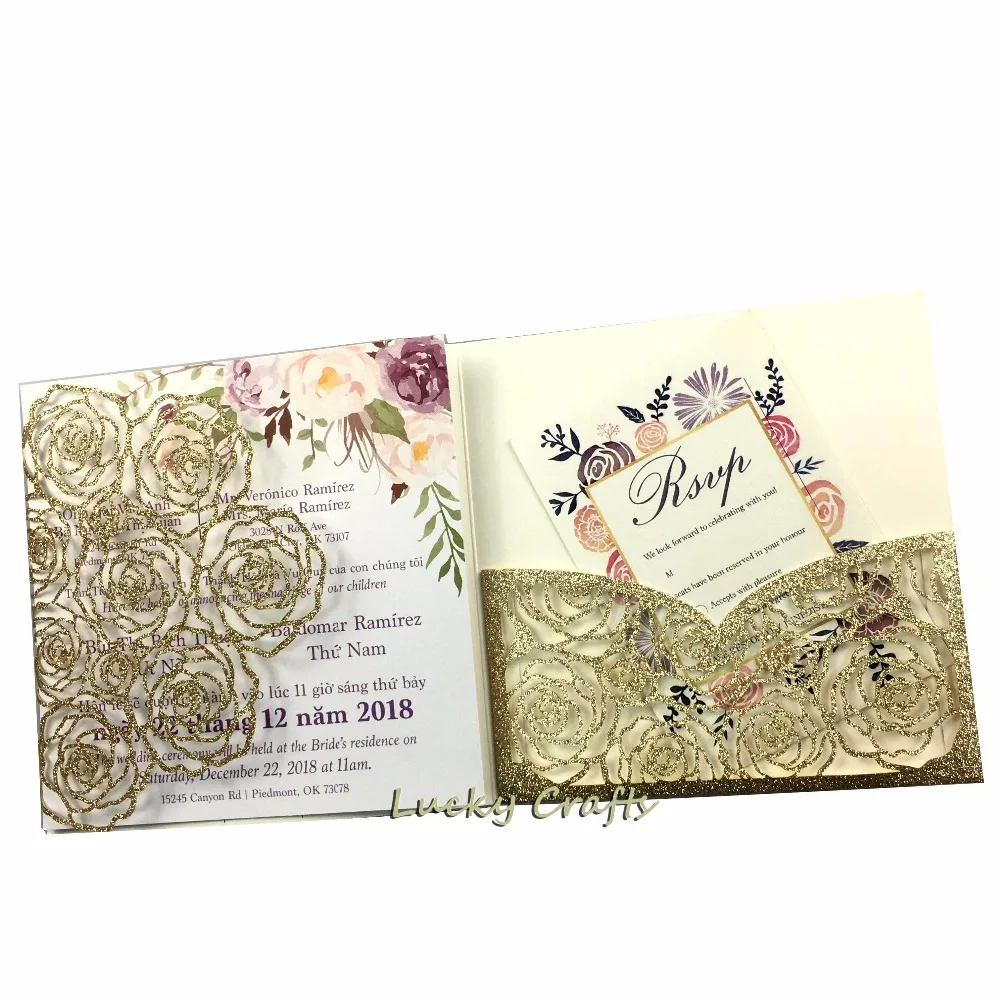 

50pcs pocketfold laser cut rose gold glitter powder square Wedding invitations trifold pocket card gatefold for anniversary