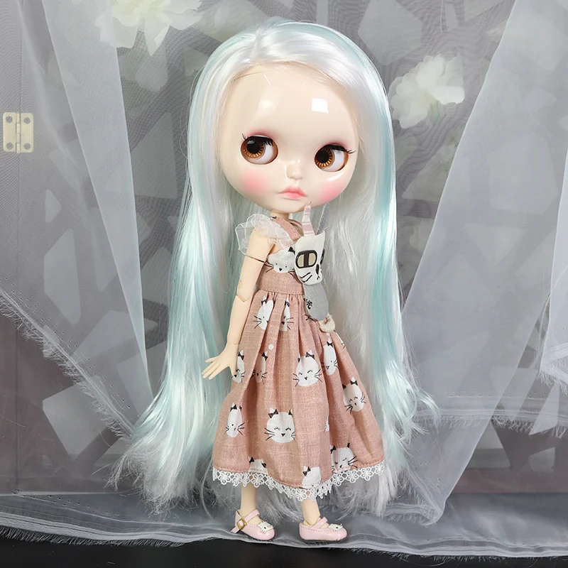 ICY DBS Blyth doll 1/6 white skin joint body white mix blue hair shiny face Carved lips toy bjd