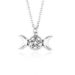 Vintage Trendy Jewelry Triple Moon Goddess Wicca Pentagram Magic Amulet Talisman Men Pendant Moon Necklace Women Tibetan Collier