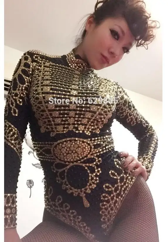 Black Gold Rhinestones Stertch Beyonce Bodysuit Women\'s Leotard Outfit Dance Bodysuit Nightclub Bar Costume Singer Shiny Wear