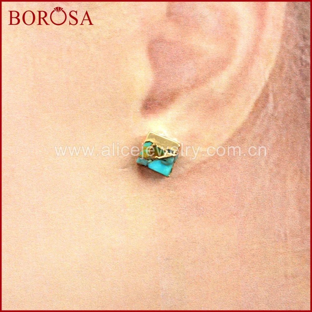BOROSA 5/10Pairs Gold Color 7mm Square Copper Natural Turquoises Stud Earrings Natural Blue Stone Earrings for Women G1648