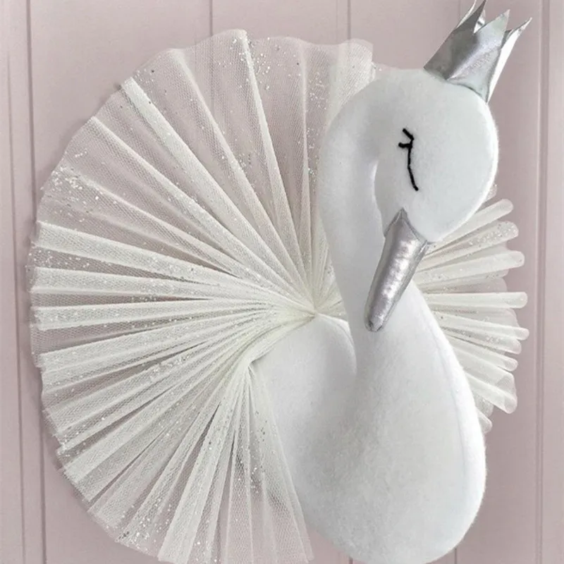 Animal Head Swan Flamingo Wall Decor INS unicorn Bear Hanging Mount Stuffed Plush Toy Princess Doll Girl Kid Gift Nursery Room