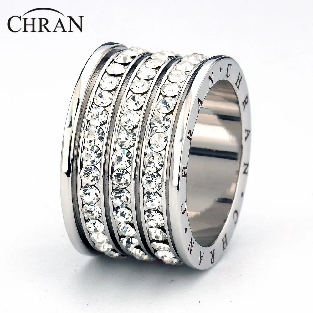 Chran Fashion 3 Pave Full Crystal Big Wedding Rings for Women Romantic Cubic Zirconia Ring Bague Femme Gold-Color Ring Female