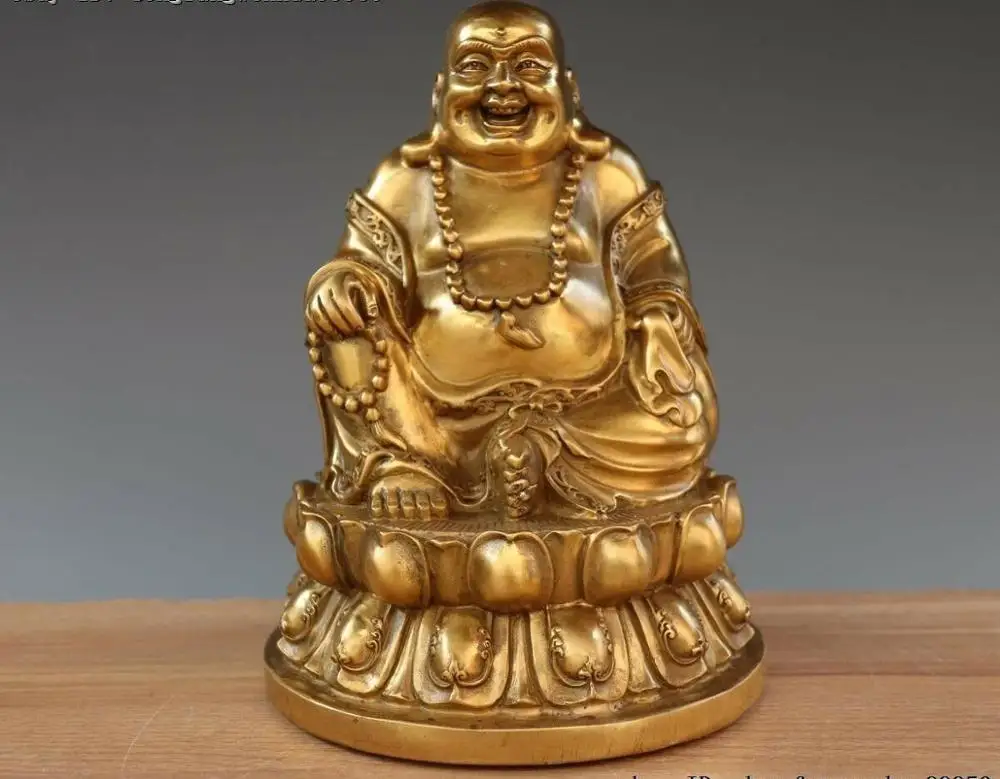 Marked China Buddhism Brass Copper Seat Lotus Happy Laugh Maitreya Buddha Statue