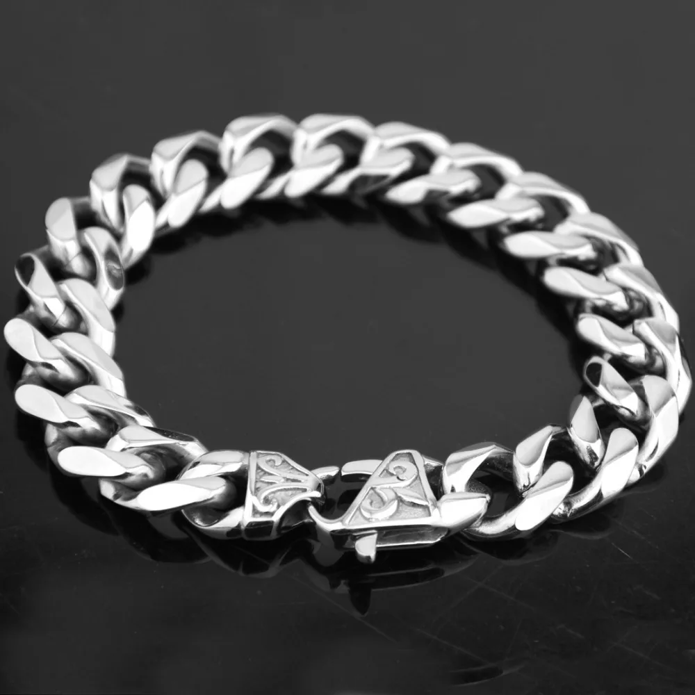 13/15/17MM Cool 316L Stainless Steel Silver Color Cuban Curb Chain Biker Jewelry Mens Boys Bracelet Bangle 7\