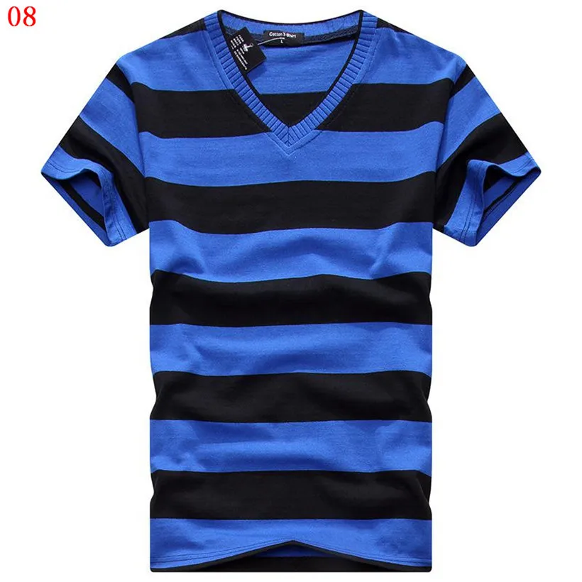 Male V-neck Tees Tops Men\'s Short Sleeve Tshirt Man Cotton Striped T Shirts Mens Clothing Multi Size