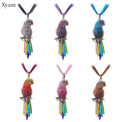 Elegant Women Crystal Parrot Pendant Alloy Necklace Long Chain Jewelry