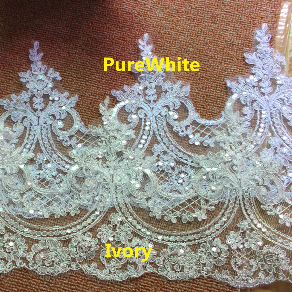 1 Yard White Wedding Lace Fabric Bridal Lace Appliqued Border 3D Flower Sequined Embroidered Fabric Sewing Apparel Lace Trims image 5