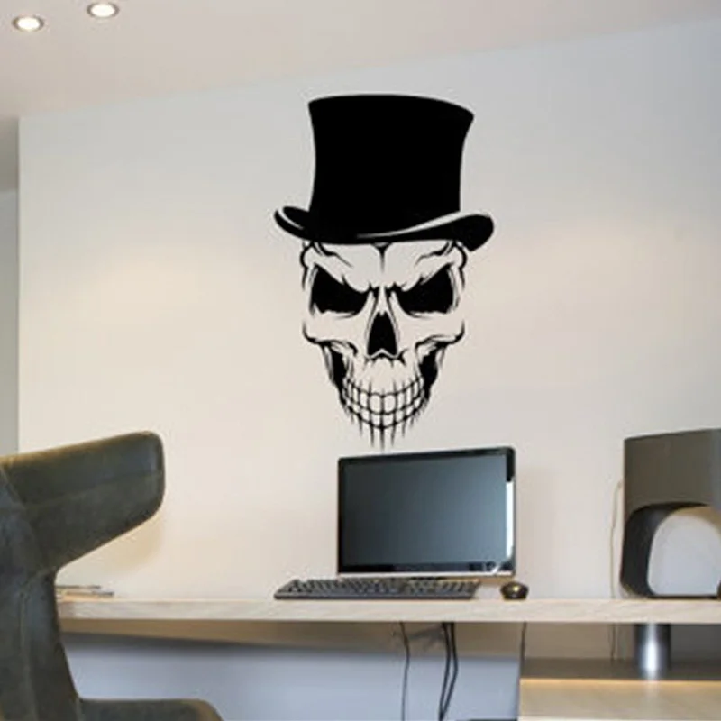 Happy Halloween Skull with Top Hat Cool Living Room Vinyl Carving Wall Decal Sticker for Holiday party Home Window Decoration