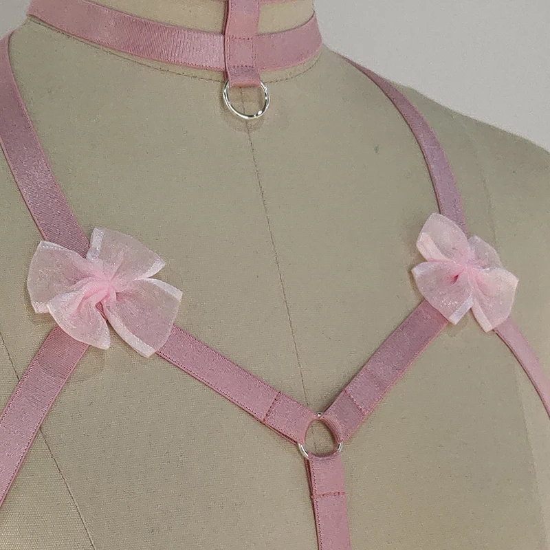 Original Design Pink Collar Bow Harness Bra Kawaii Open Chest Bondage Body Cage Pastel Gothic Body Harness Belt