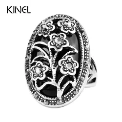 Fashion Retro Jewelry Silver Color Unique Vintage Crystal Flower Black Rings For Women Hot