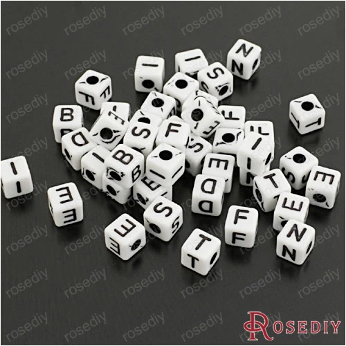 Wholesale 7*7mm Hole Diameter 3mm White Ground Black Letters Square Acrylic Beads Diy Findings 120g Roughly 370pcs(JM6887)