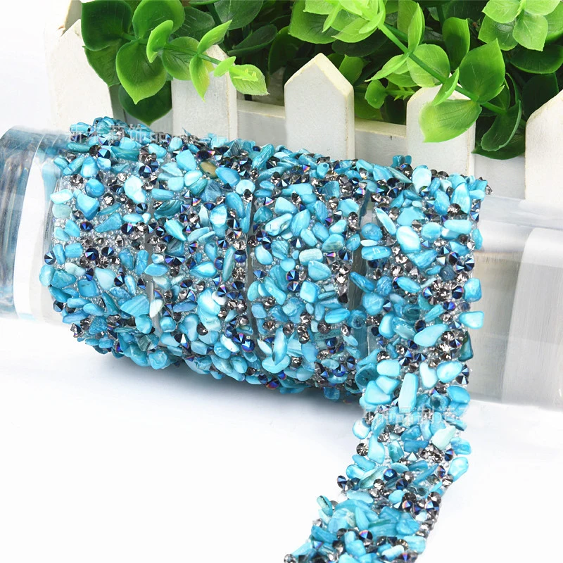 2M Sky Blue Beads Lace Ribbon Clothes Collar Decor Sewing-on Rhinestone Patchwork Clothing For Dress Hot Fix Lace Trim Applique