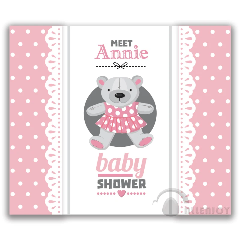 สาววันเกิดทารกอาบน้ำตุ๊กตาหมีแบนเนอร์ฉากหลังเชิญฉลองงานปาร์ตี้สีชมพูพื้นหลังวงกลมสีขาว Allenjoy