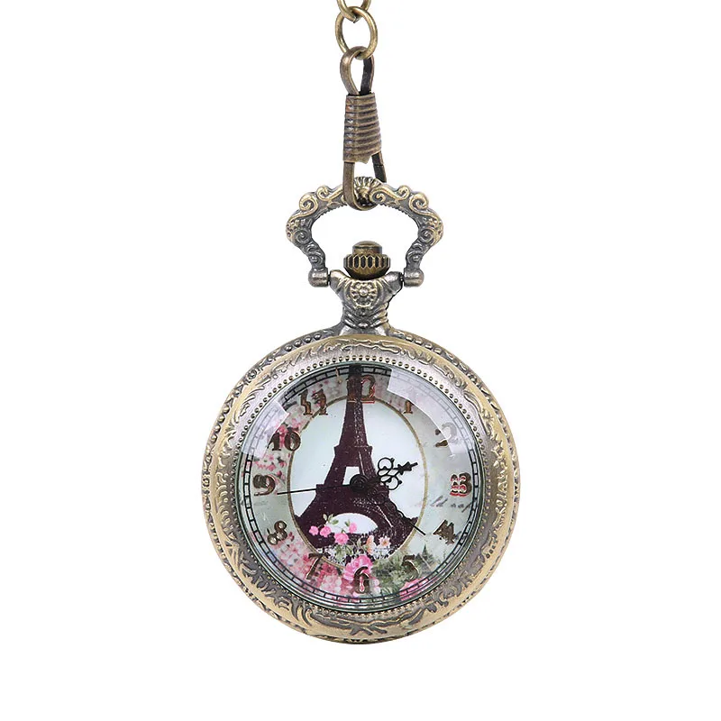 Large Craved Exquisite Flower Pattern Transparent Lid Eiffel Tower White Surface Pocke Watch with Chain