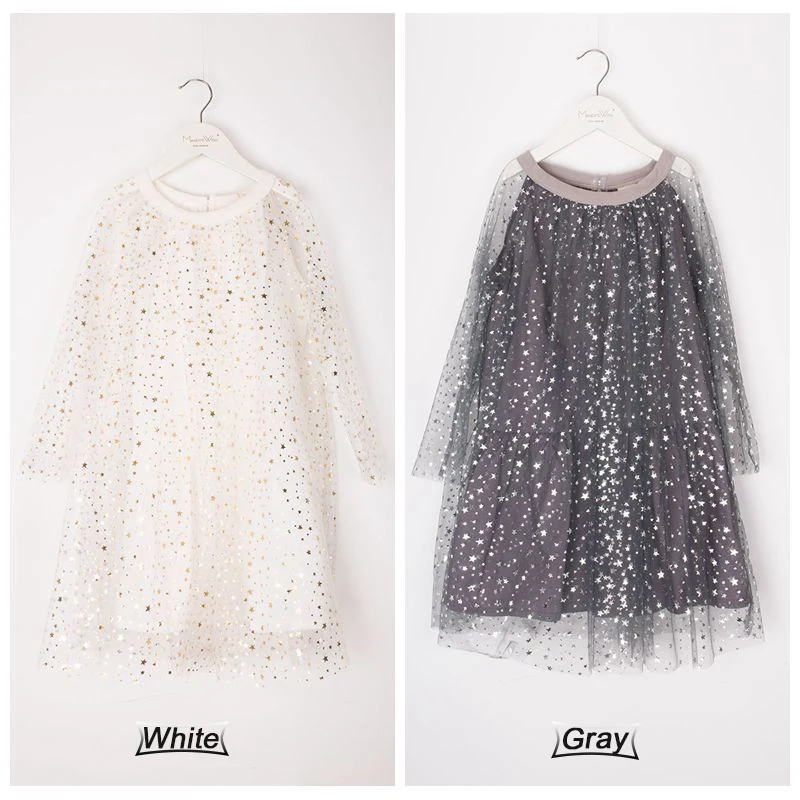 YUBAOBEI Summer Girl Dress Shiny Star Pattern Kids mesh lace Cotton Lined Princess Dress Double Layer O-neck Dress