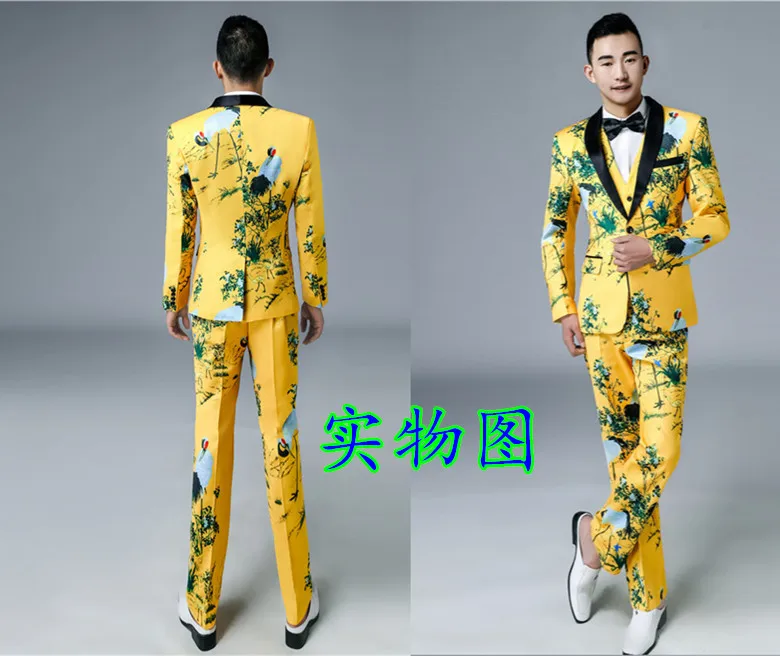 

Free ship 100%real mens crane bird printing studio/stage jacket,vest and pants /event/stage performance/studio suit/ASIA SIZE