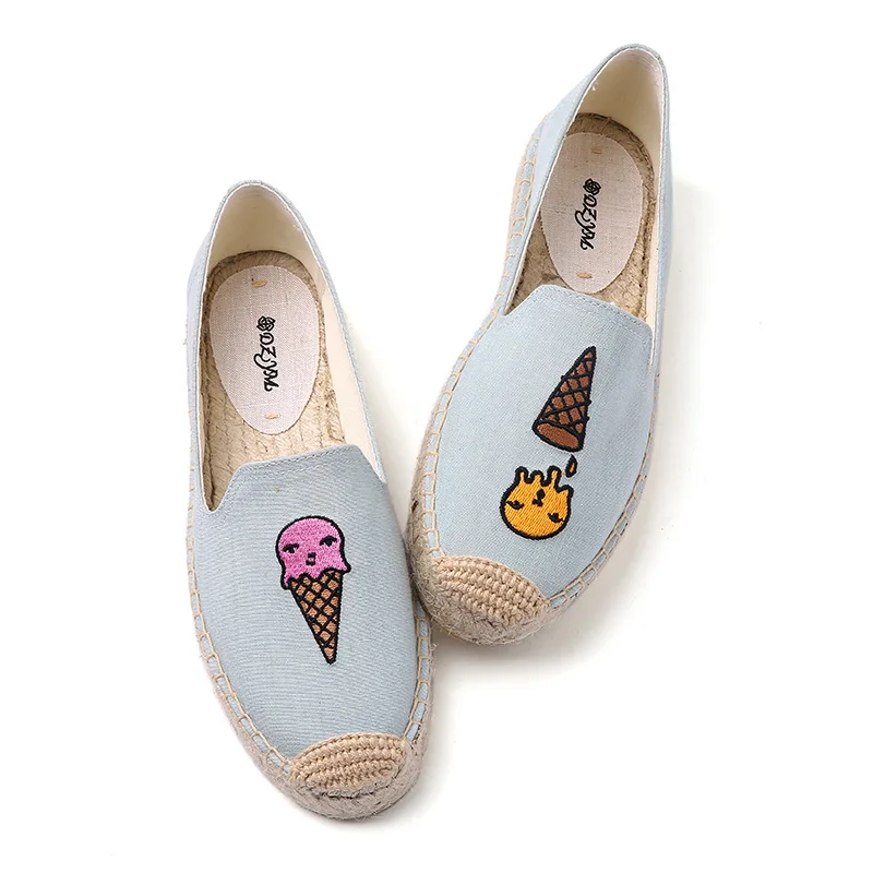 DZYM  Summer Canvas Espadrilles Women Fisherman Shoes Lemon Zapatos Ice Cream Parrot Embroider Linen Loafers Retro Flats