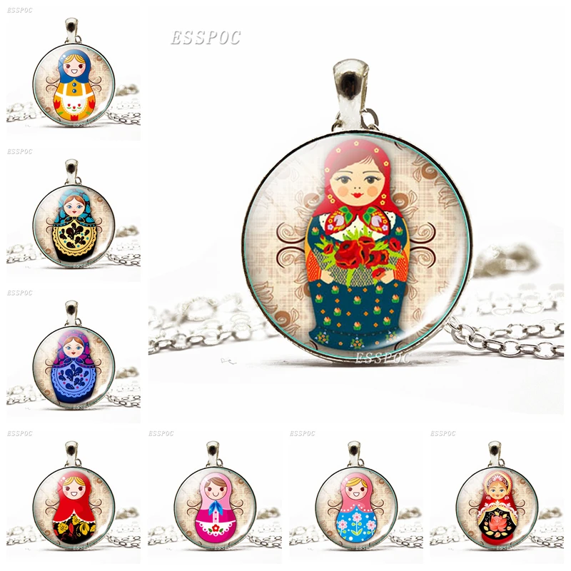 Russian Doll Necklace Glass Cabochon Dome Jewelry Matryoshka Sleeve Dolls Cartoon Necklaces Pendant Chain Choker Women Kid Gifts