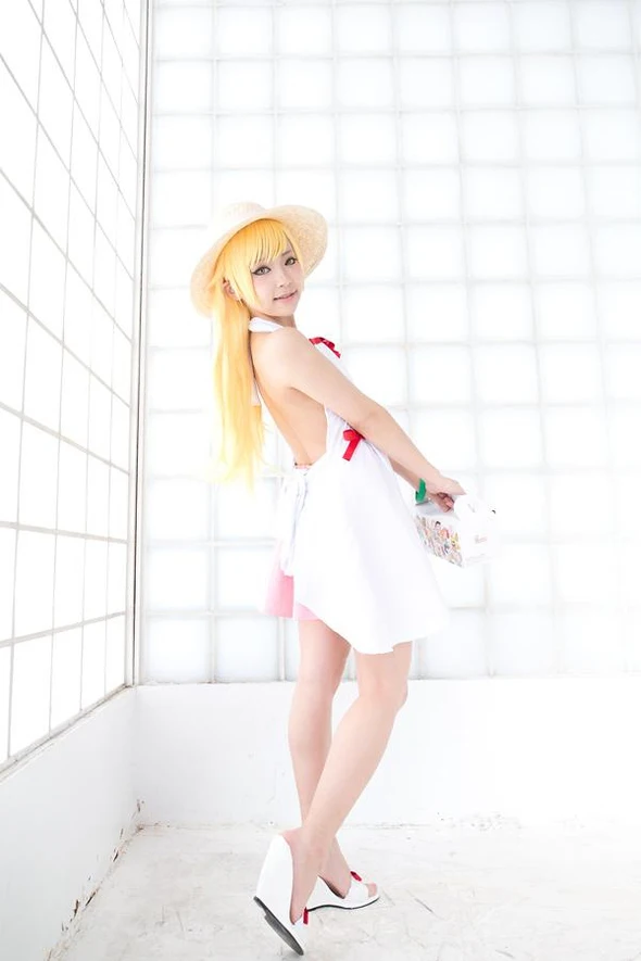 Bakemonogatari Nisemonogatari Hanekawa Tsubasa Shinobu Oshino Cosplay costume white dress and pink skirt with hat 11