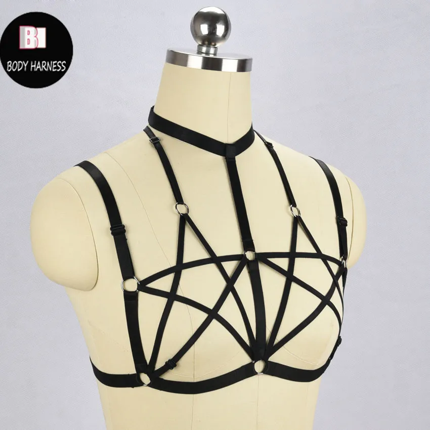 Women New Featured Two Pentagram body harness Handmade Harajuku Gothic Sexy Lingerie bondage harness cage bra body gothic harnes