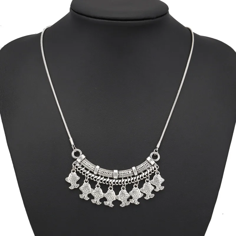 Aihua Boho Tibet Silver Color Fish Tassel Necklaces Vintage Hollow Carved Statement Necklaces Pendants for Women Accessories