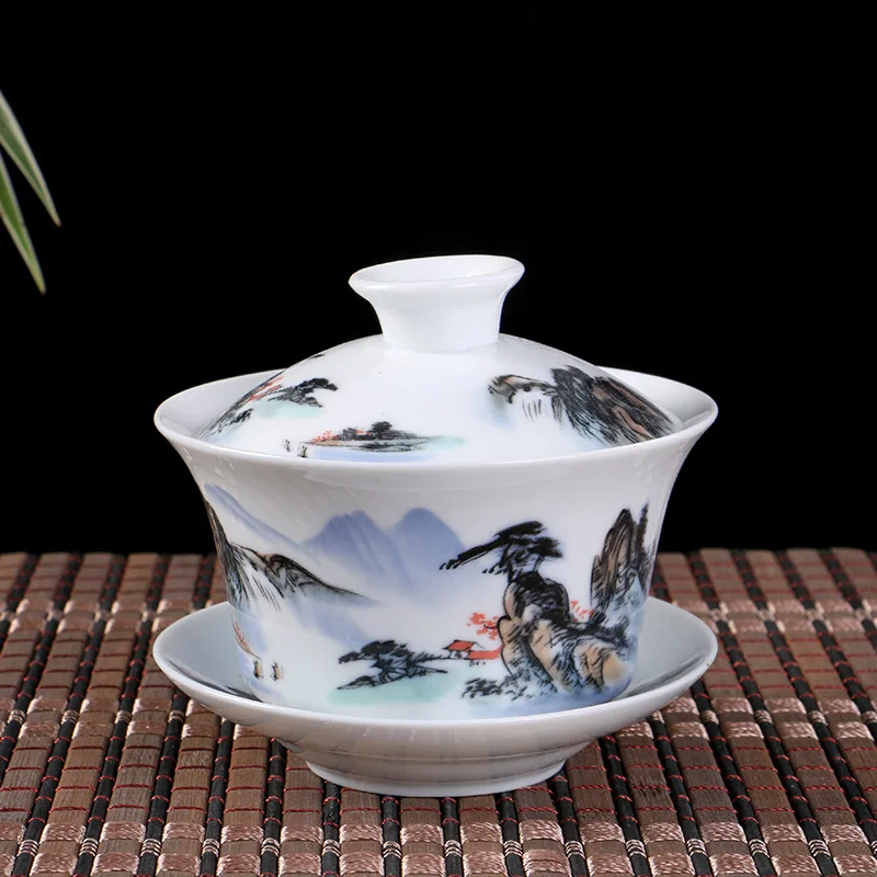 Chinese gaiwan mountain-river print handpainted cup bowl blue-and-white porcelain tureen covered bowl with lid cup saucer