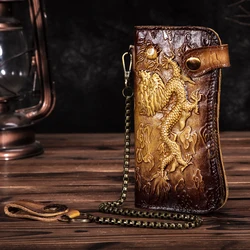 Cattle Male Genuine leather Dargon Tiger Emboss Fashion Checkbook Iron Chain Organizer Wallet Purse Design Clutch Handbag 1088