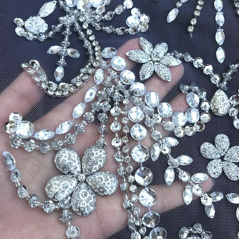 Hot Silver 31x57cm Hand Beaded Crystal Rhinestone Sewing Wedding Applique Sequin Patches For Costume Clothes Evening Star Dress