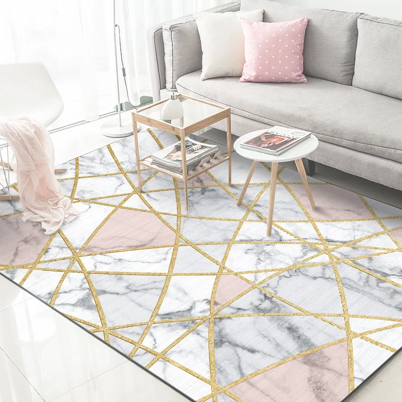 Modern fashion Nordic style white imitation marble gold line blue camel bedroom living room foot floor mat carpet. Customizable