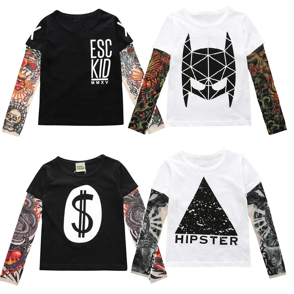 Hooyi Tattoo Long Sleeve Boys T-Shirts 100% Cotton Fashion Baby Girls Tee Shirts Hip-Pop Clothes Children Jersey Top Streetwear