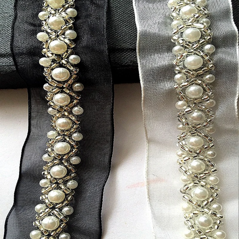 

5 ярдов, отделка бисером, жемчужная лента для шитья одежды, воротник, черная органза, кружевное украшение