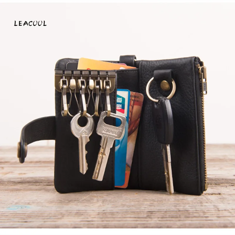 

100% Genuine Leather Key Wallet Male Vintage Coin Purse Unisex Solid Key Men Key Holder Organizer Housekeeper Keys Bag